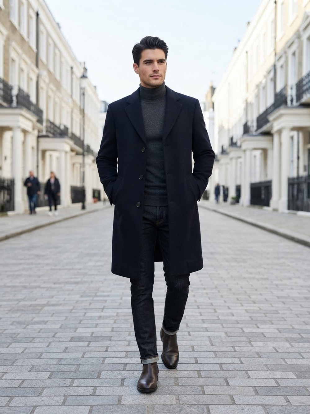 Made In England Turner & Sons Men’s 42S Navy Wool Long Overcoat Vintage Pea Coat